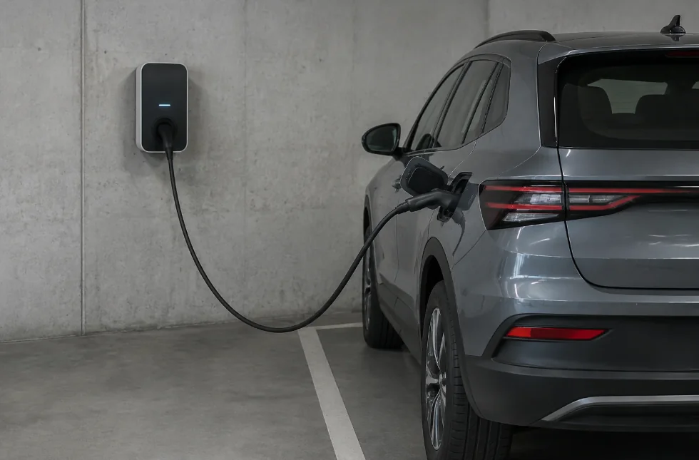 Elektroauto lädt an Wallbox in Tiefgarage
